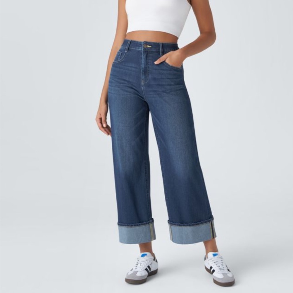 Women's Denim Blue Wide-Leg Jeans with cuffs💙soft stretchy cute comfy- zoom in👀
